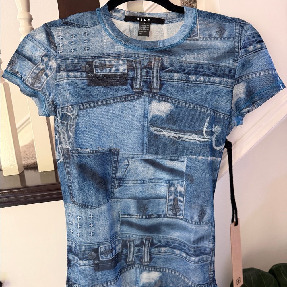 Ksubi Blue Denim-Effect Crew Neck Tee